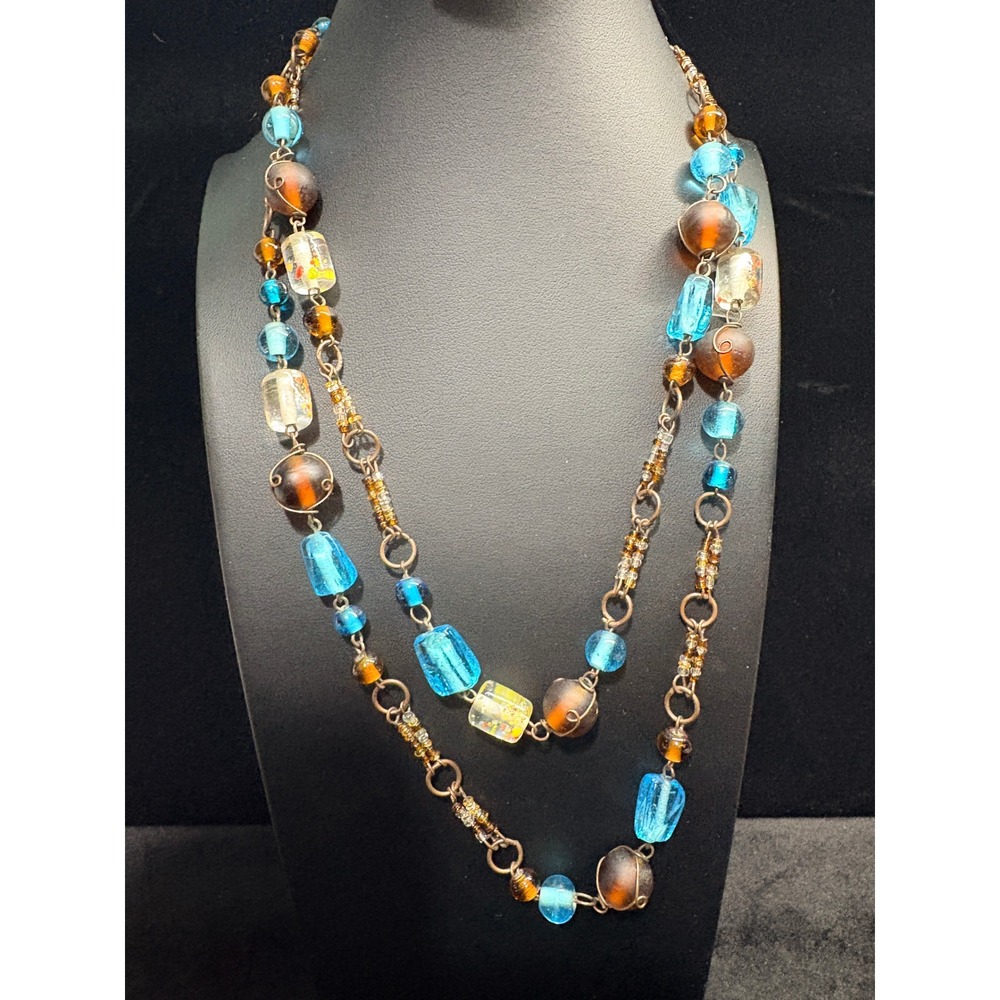 Artisan Lampwork Glass Bead Necklace Blue Amber Brown Wire Wrapped Long Boho